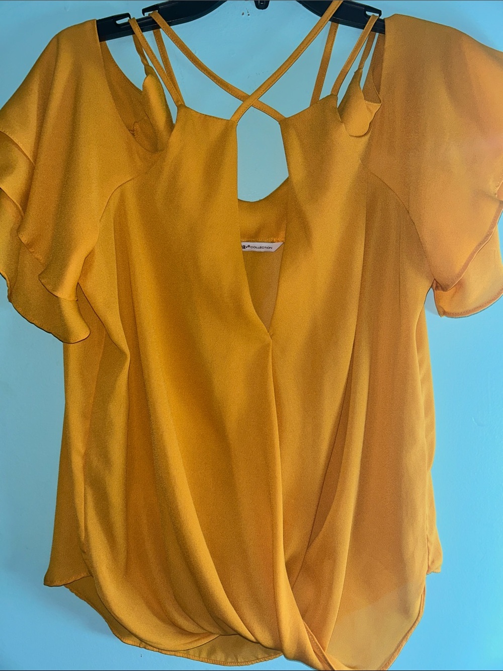 Women’s Mustard Cold-Shoulder Blouse with Crisscross Back